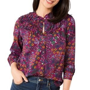 Talbots Purple Floral Ruffle Shirred Neck Button Up Long Sleeve Peasant‎ Shirt M